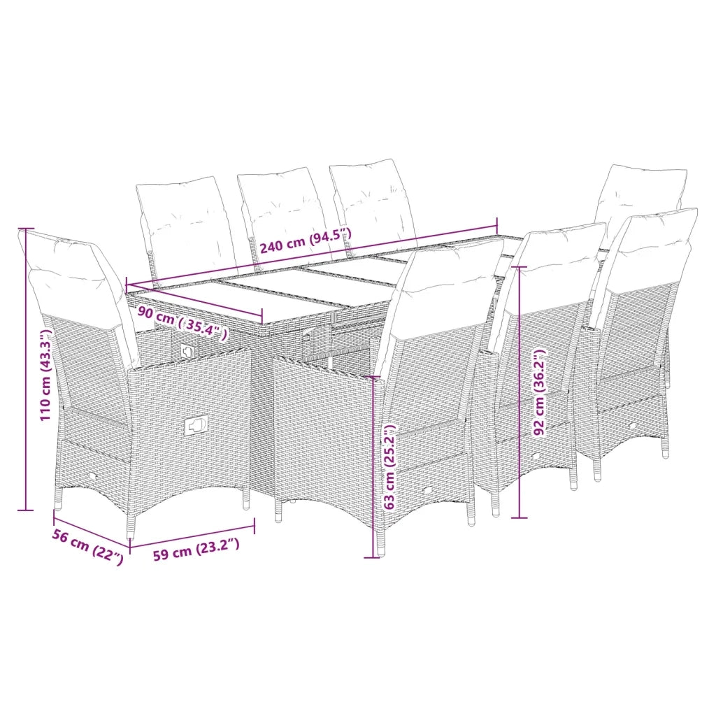Set BistrÃ² da Giardino 9 pz con Cuscini in Polyrattan Grigio