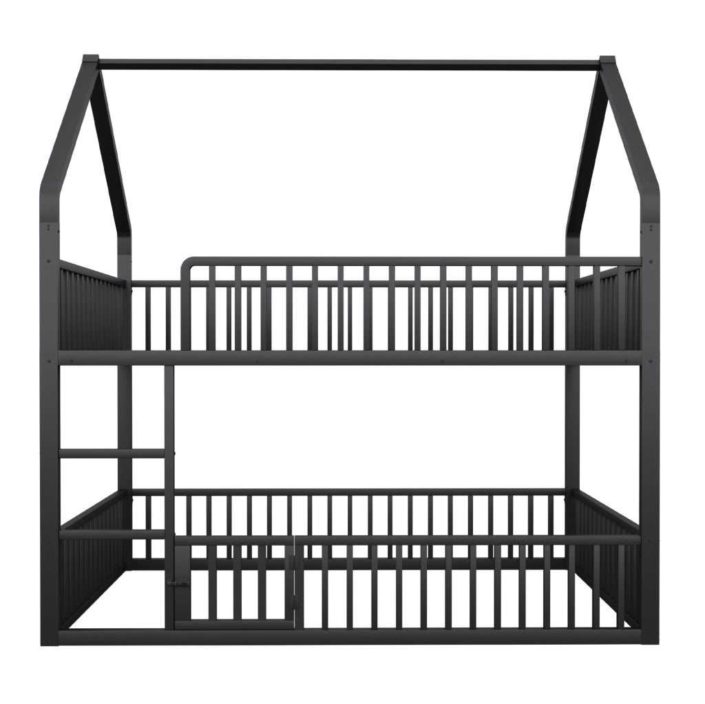 Letto a castello 140x200 cm a forma di casa con scaletta frontale in metallo nero