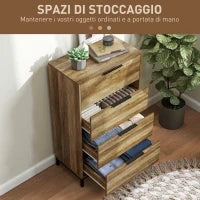 Cassettiera 4 Cassetti Antiribaltamento con Maniglie Nere, in Legno e Metallo, 62x35x105 cm, Marrone Chiaro