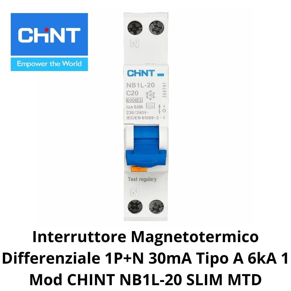 Interruttore magnetotermico differenziale 1p+n 30ma tipo a 6ka chint nb1l-20 slim *** ampere 6 ampere, confezione 1