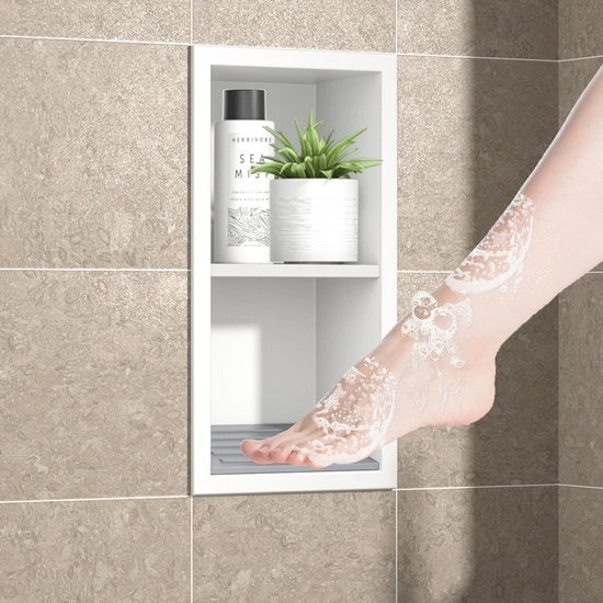 Tavolo doccia 31 cm x 12 cm - Acciaio inossidabile - Supporto per piatto con fissaggio alla parete - Ingresso per piede - Senza piastrelle necessarie - Resistente all'ossidazione e alla corrosione - Tazza doccia