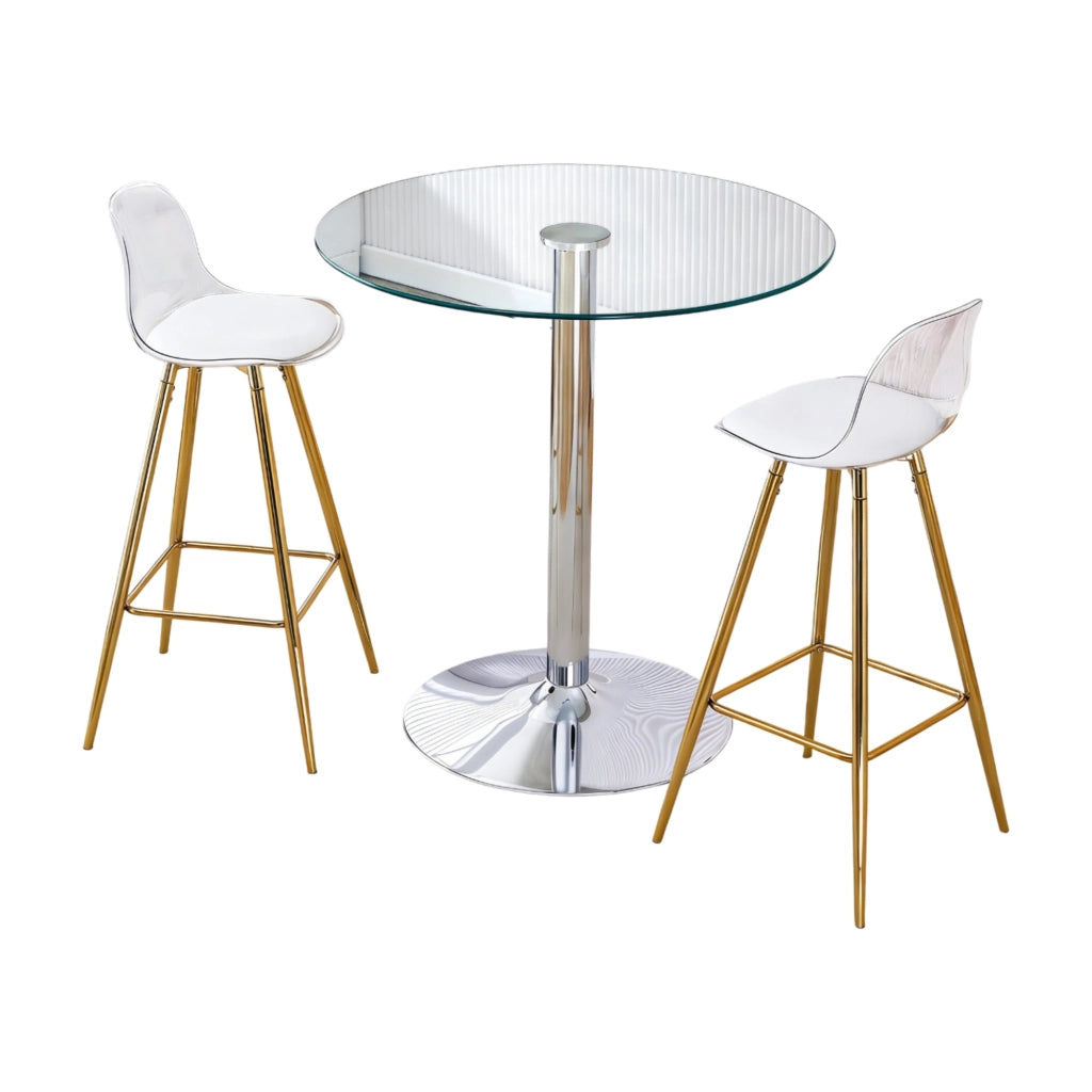 Set bar con tavolo rotondo in vetro ? 89 cm e 2 sgabelli trasparenti con gambe oro