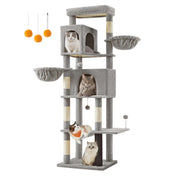 Tiragraffi a torre per gatti alto 175 cm rifugio per gatti a più livelli con 2 nicchie 2 cestini 5 tiragraffi trespolo autopulente amaca grigio tortora 12_0003886
