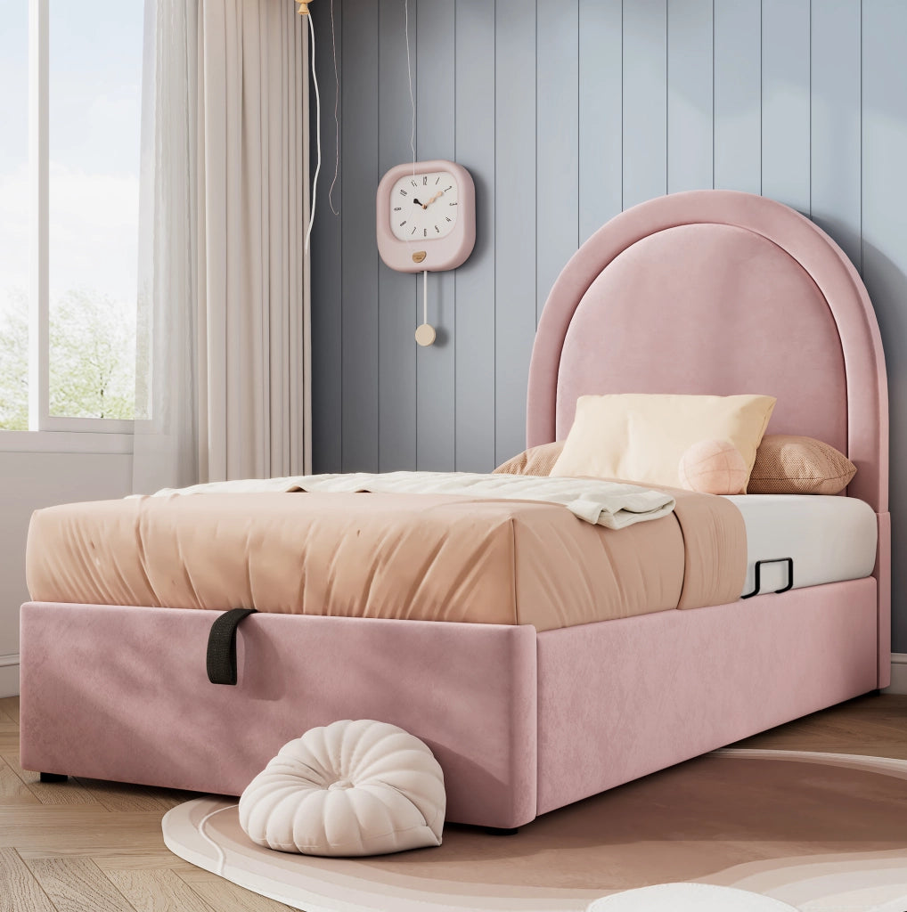 Letto imbottito per bambini 90x190 cm in velluto rosa con contenitore idraulico