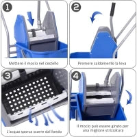 Carrello Pulizie Professionale con Cesto Sospeso, Ripiano, 25L Secchio Lavapavimenti con Strizzatore, Carrello Multiuso con Gancio per Hotel, Albergo e Ristorante, 72x49.5x95 cm, Blu