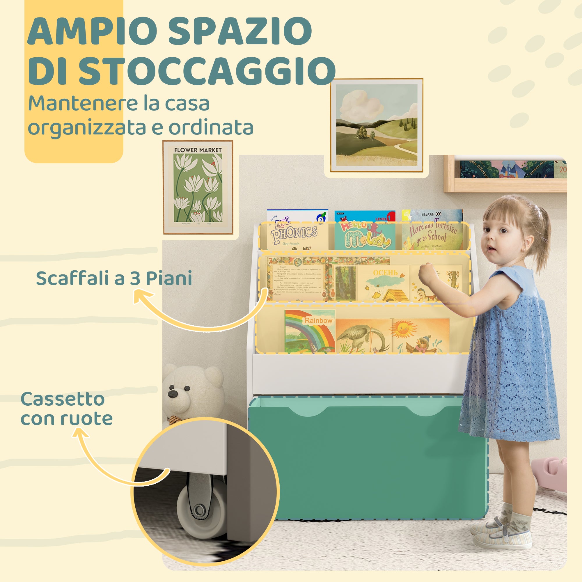 Libreria per Bambini 3-8 Anni 62.5x30x70 cm a 3 Ripiani con Cassetto Inferiore in MDF Verde