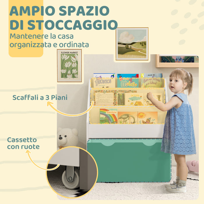 Libreria per Bambini 3-8 Anni 62.5x30x70 cm a 3 Ripiani con Cassetto Inferiore in MDF Verde