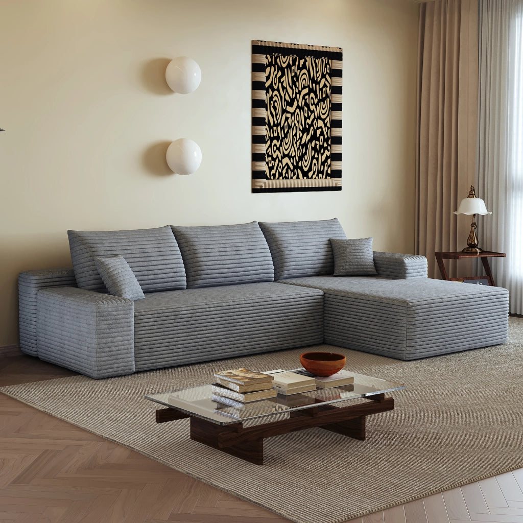 Divano angolare modulare con chaise longue in tessuto a coste e schiuma ad alta elasticità grigio