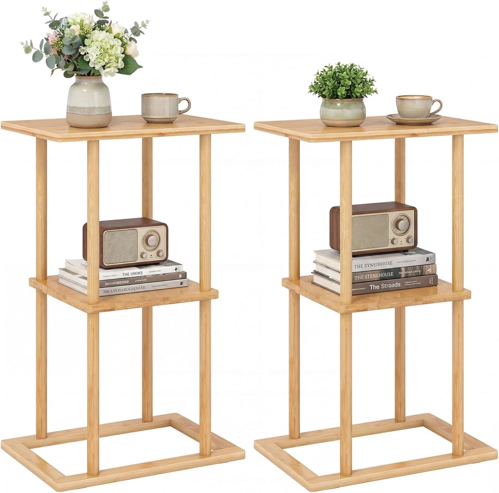 2 Tavolini Laterali da Salotto, Tavolino Rettangolare con Mensole Portaoggetti e Struttura in Bamboo, Tavolino Salvaspazio per Soggiorno, Camera da Letto e Ufficio