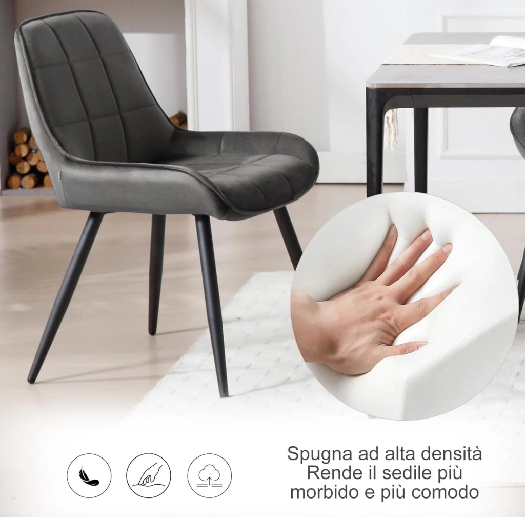 Set di 2 Sedie da Pranzo con Schienale Curvo, Sedie Ergonomiche in Velluto e Metallo, Poltroncina imbottita per Salotto, Ufficio, Camera da Letto, Grigio scuro BH331dgr-2