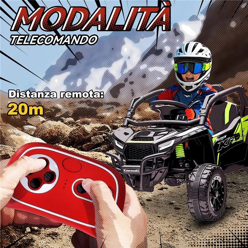MACCHINA ELETTRICA PER BAMBINI 3-5 ANNI 12V CON LICENZA KAWASAKI, DOPPIO MOTORE, TELECOMANDO E MUSICA, NERO