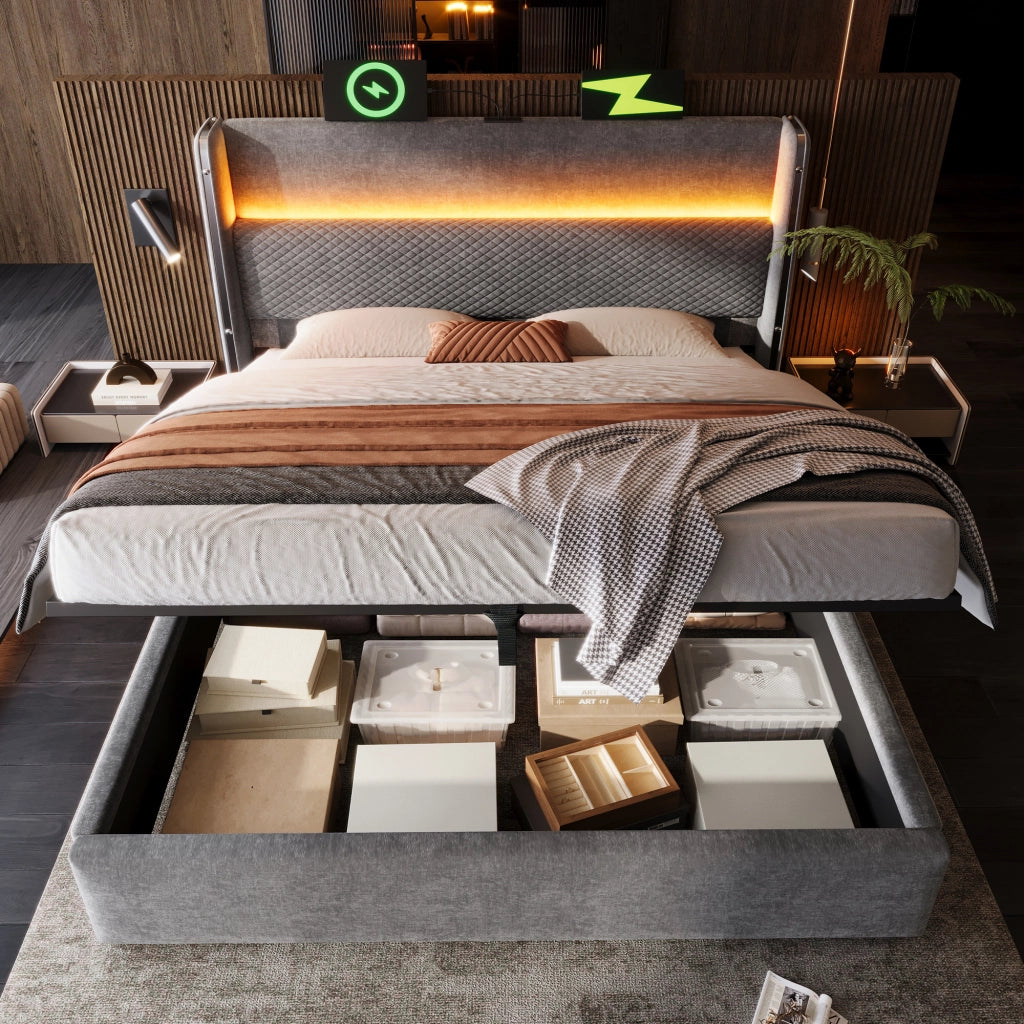 LETTO Contenitore 180x200 cm Grigio in lino con LED e presa USB/Type-C