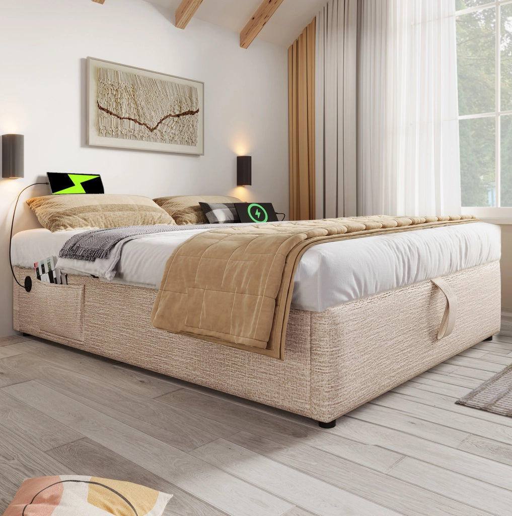 Letto contenitore matrimoniale 160x200 cm in lino beige e naturale con USB e Type-C; senza testiera