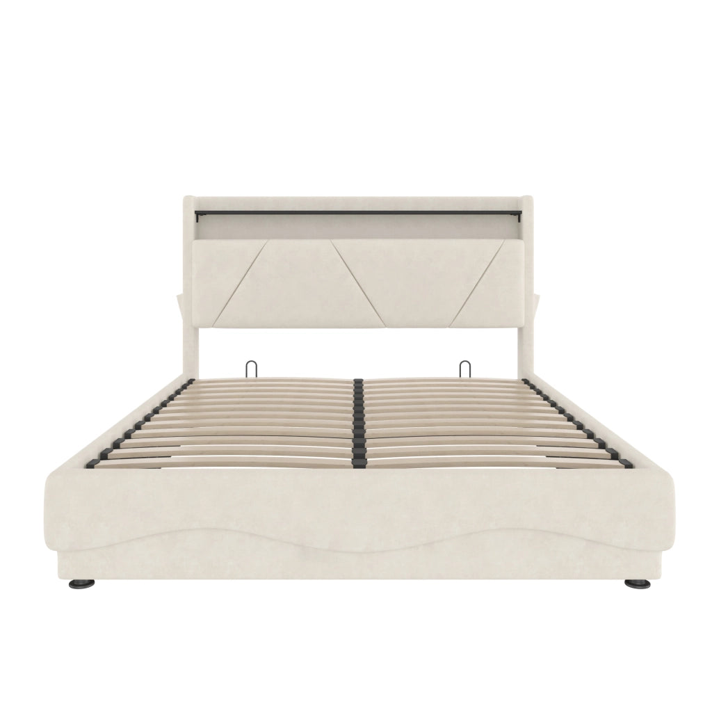 Letto contenitore 160x200 cm in velluto beige con LED; testiera con mensola; USB e Type-C