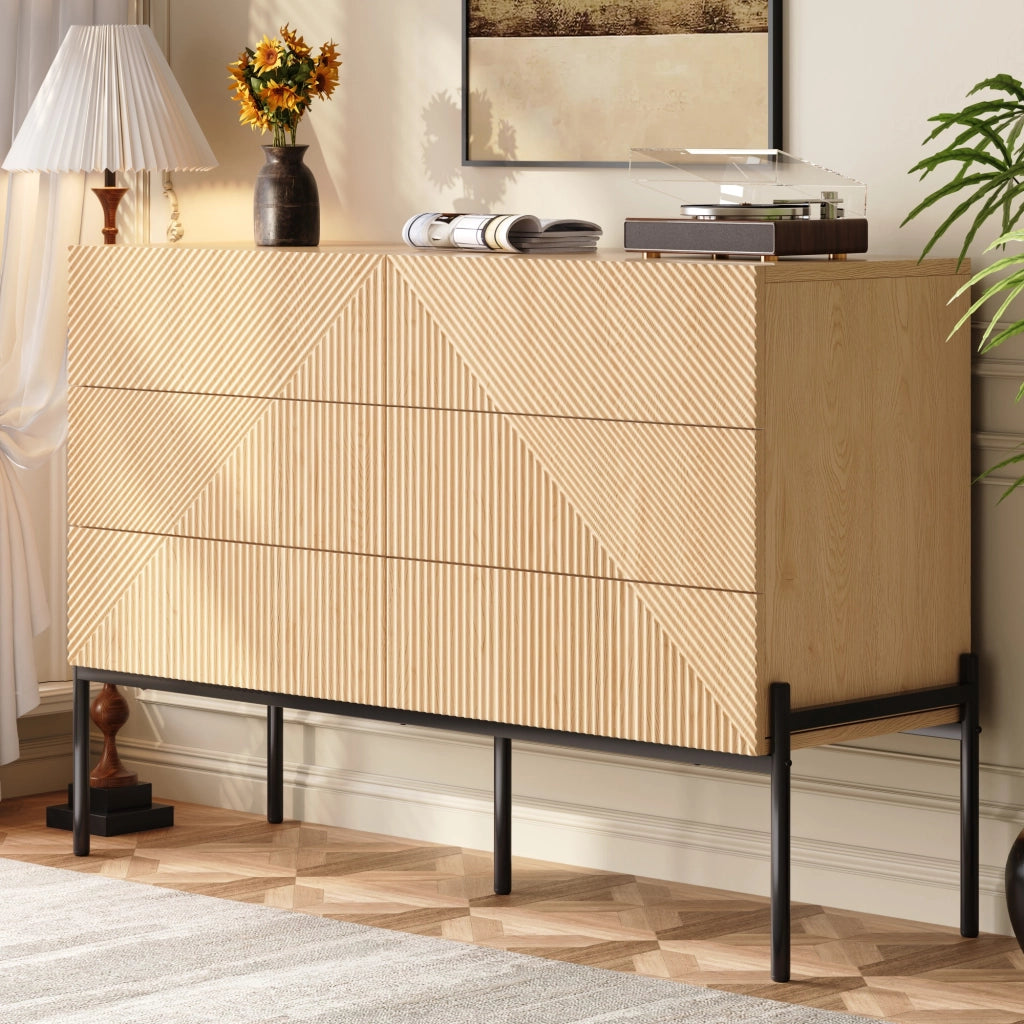 Credenza a sei cassetti geometrica in MDF colore naturale per soggiorno e camera da letto 115,5 × 38 × 75 cm