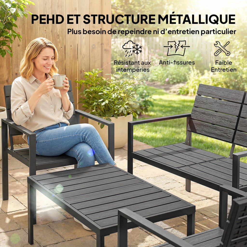 Set salotto da giardino 4 pezzi in HDPE nero con divano 2 posti, 2 poltrone e tavolino da caffe, resistente per terrazzo e veranda