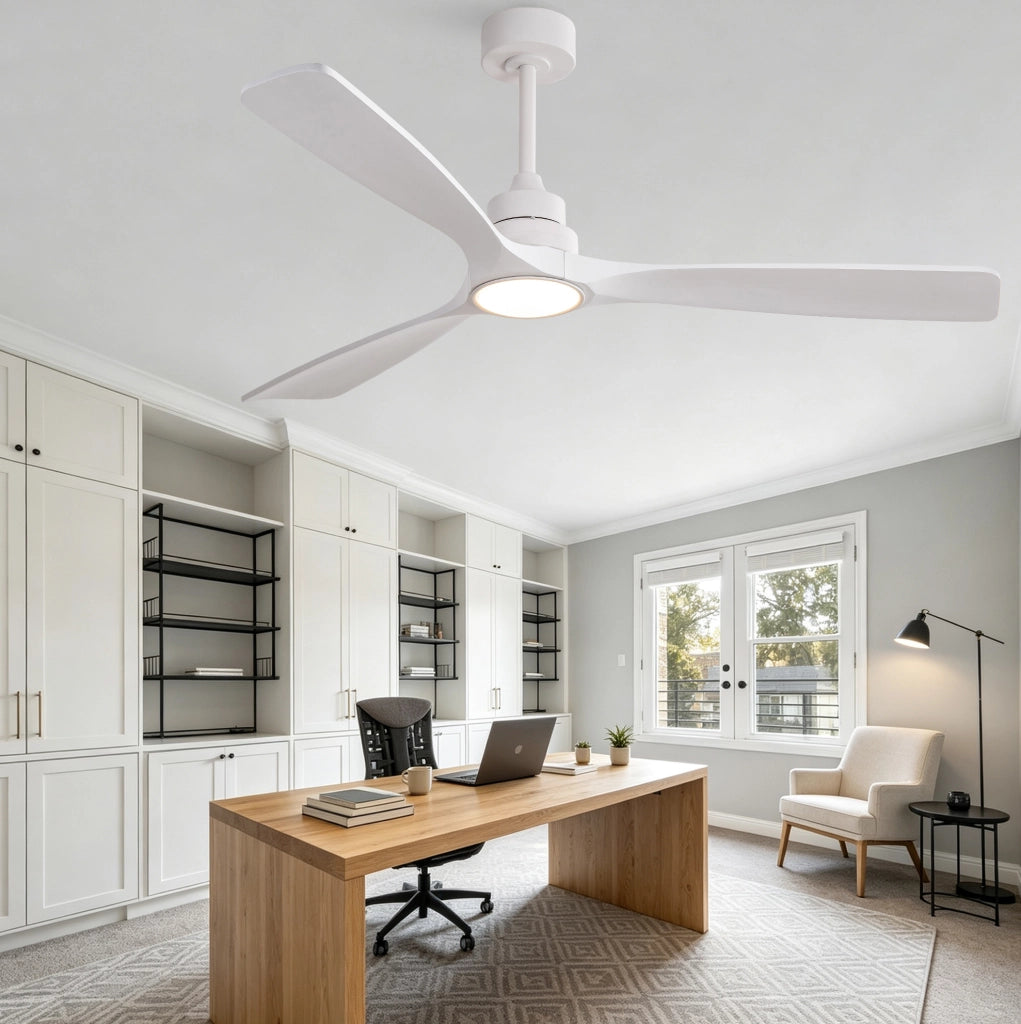 Ventilatore da soffitto da 60 pollici con luce LED; 3 pale in legno; bianco