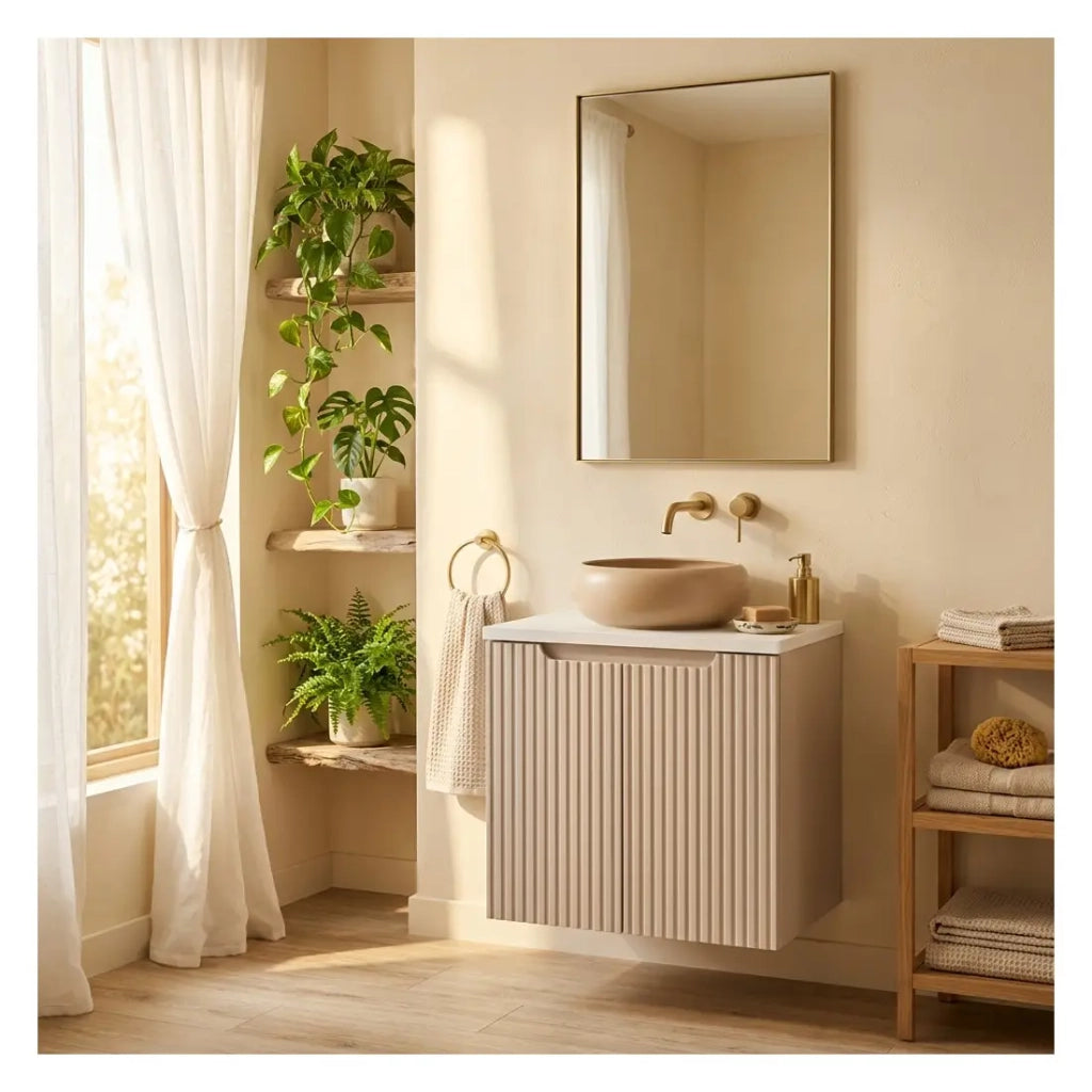 Insieme VANO cachemire e bianco 50cm: mobile sottolavabo con armadietti + piano per lavabo + lavabo rotondo cappuccino da appoggio