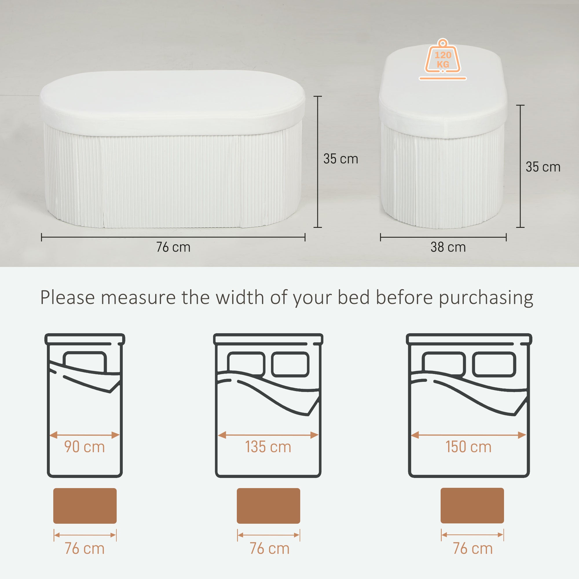 Pouf Contenitore Pieghevole 76x38x35 cm con Vano da 72L e Rivestimento in Velluto Crema