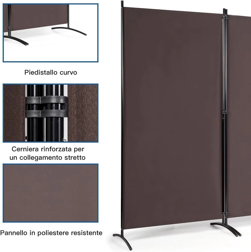 Paravento da Interno in Metallo, Separé Divisorio Interno Pieghevole con Piedini Stabili, Pannelli Divisori per Interni per Casa e Ufficio, 260 x 183cm, 3 Pannelli, Marrone