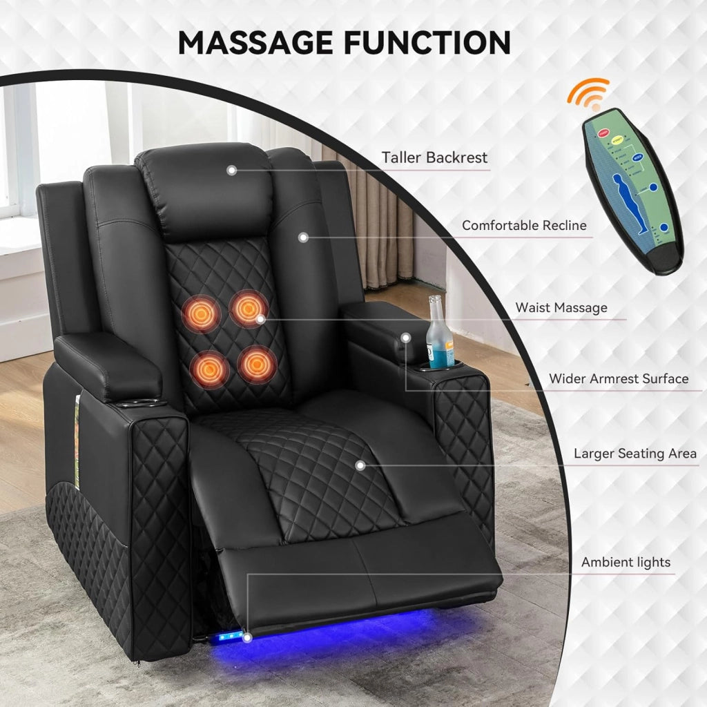 Poltrona Massaggiante Elettrica Illuminazione a LED Divano Telaio Home Theater Shake Divano Reclinabile Girevole con 2 Portabicchieri Nero