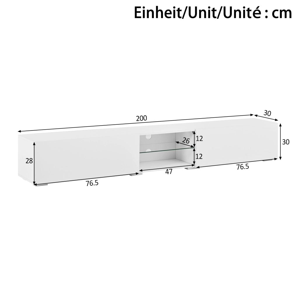 Mobile porta TV con LED controllata da app, 2 ante a ribalta e vano aperto, per soggiorno, bianco, 200 × 30 × 30 cm