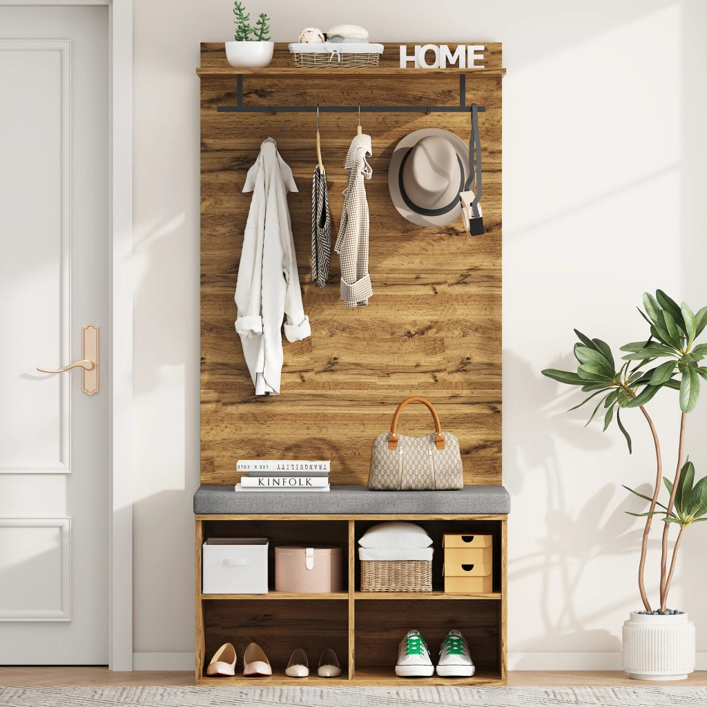 Mobile da ingresso con scarpiera imbottita, ripiano regolabile, asta appendiabiti e 2 ganci, in truciolare, rovere, 84 × 35 × 175 cm