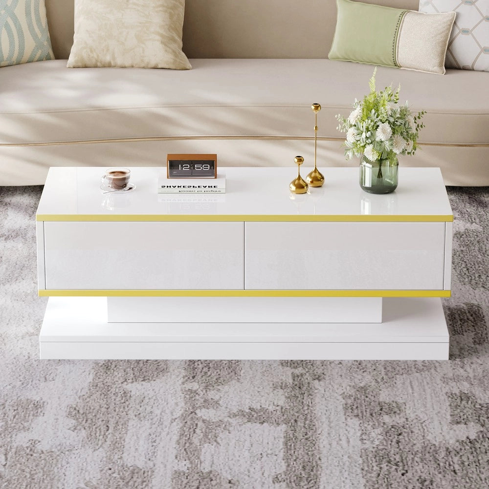 Tavolino da Caff¨¨ con 2 Cassetti ¨C MINIMAL ¨C Bianco Lucido e Oro 100x50x38