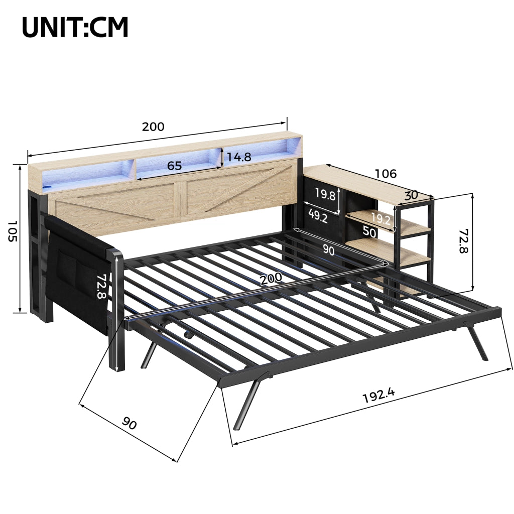 Divano letto in metallo 90x200 nero, letto estraibile regolabile, letto con 3 cassetti, LED e USB