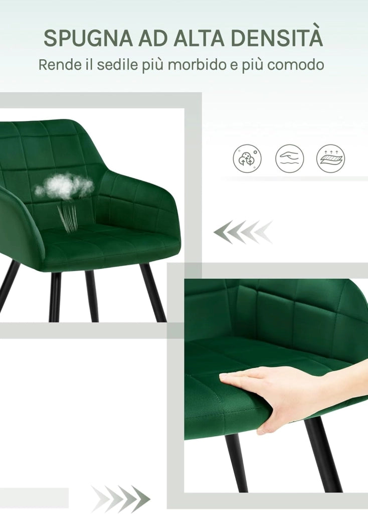 Set di 2 Sedie per Sala da Pranzo Imbottita, Poltroncina in Velluto,Sedia da Cucina con Braccioli e Schienale, Gambe in Metallo, moderne, Verde scuro, BH93dgn-2