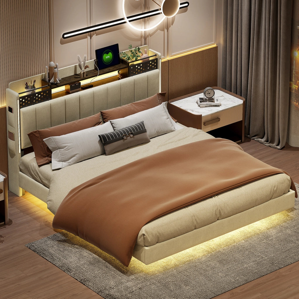 Letto imbottito ULEVR 160x200 cm beige con LED, USB e testiera con vano contenitore