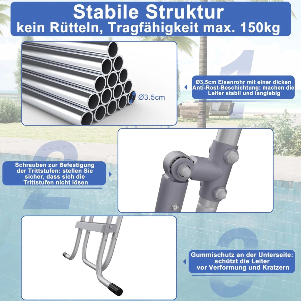 Scala per piscina a 4 livelli, altezza 110 cm, pieghevole, con pedali in plastica e piedini antiscivolo, per piscina