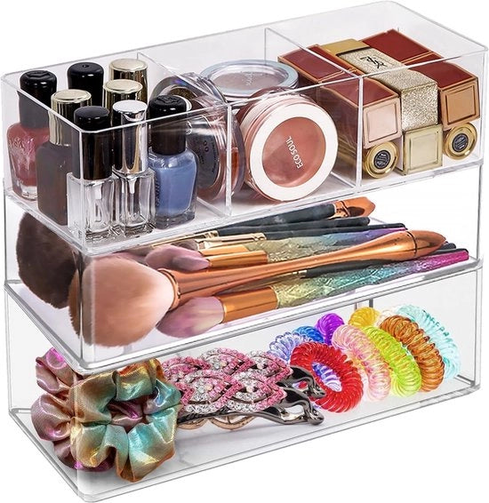 Set di Organizzazione per Trucco Translucido a 3 Cassetti con Schede Rimovibili per Cosmetici e Accessori