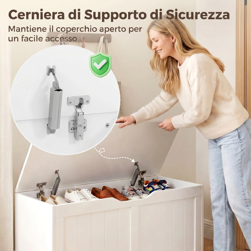 Panca Contenitore 100x40x45 cm Capacità 136L con Coperchio Sollevabile in Legno Bianca