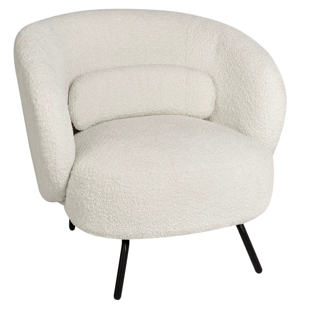Poltrona Tessuto Boucle Bianco Morbido Nubby Gambe Nere Schienale Curvo Stile Retro Glam Art Decor