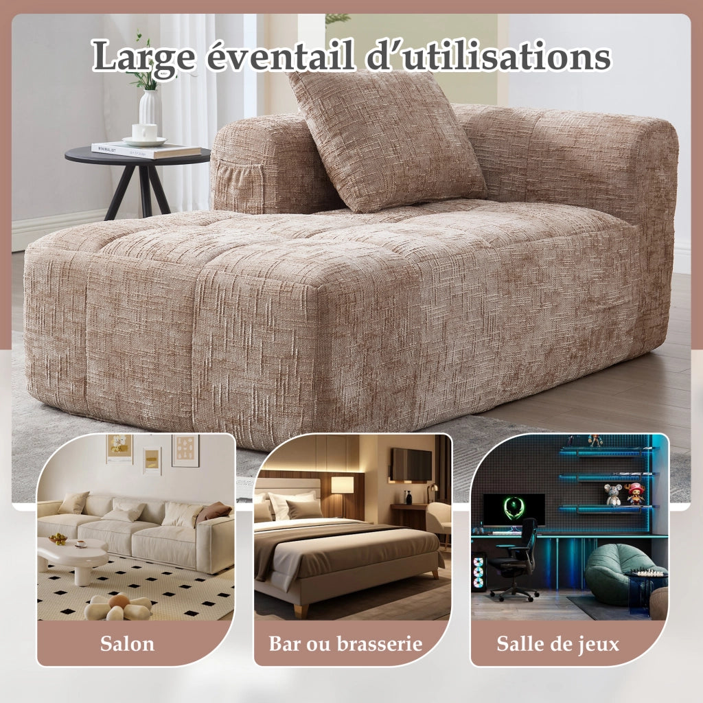 OKWISH Chaise Longue in Ciniglia, Seduta Imbottita con Cuscino e Tasche Laterali, Design Ergonomico, Cachi, 158 × 90 × 60 cm