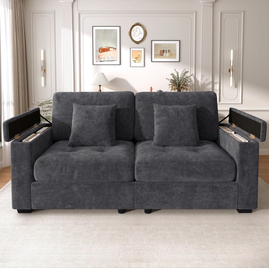 Divano 2 posti in chenille grigio scuro con contenitore nei braccioli HOMVRA