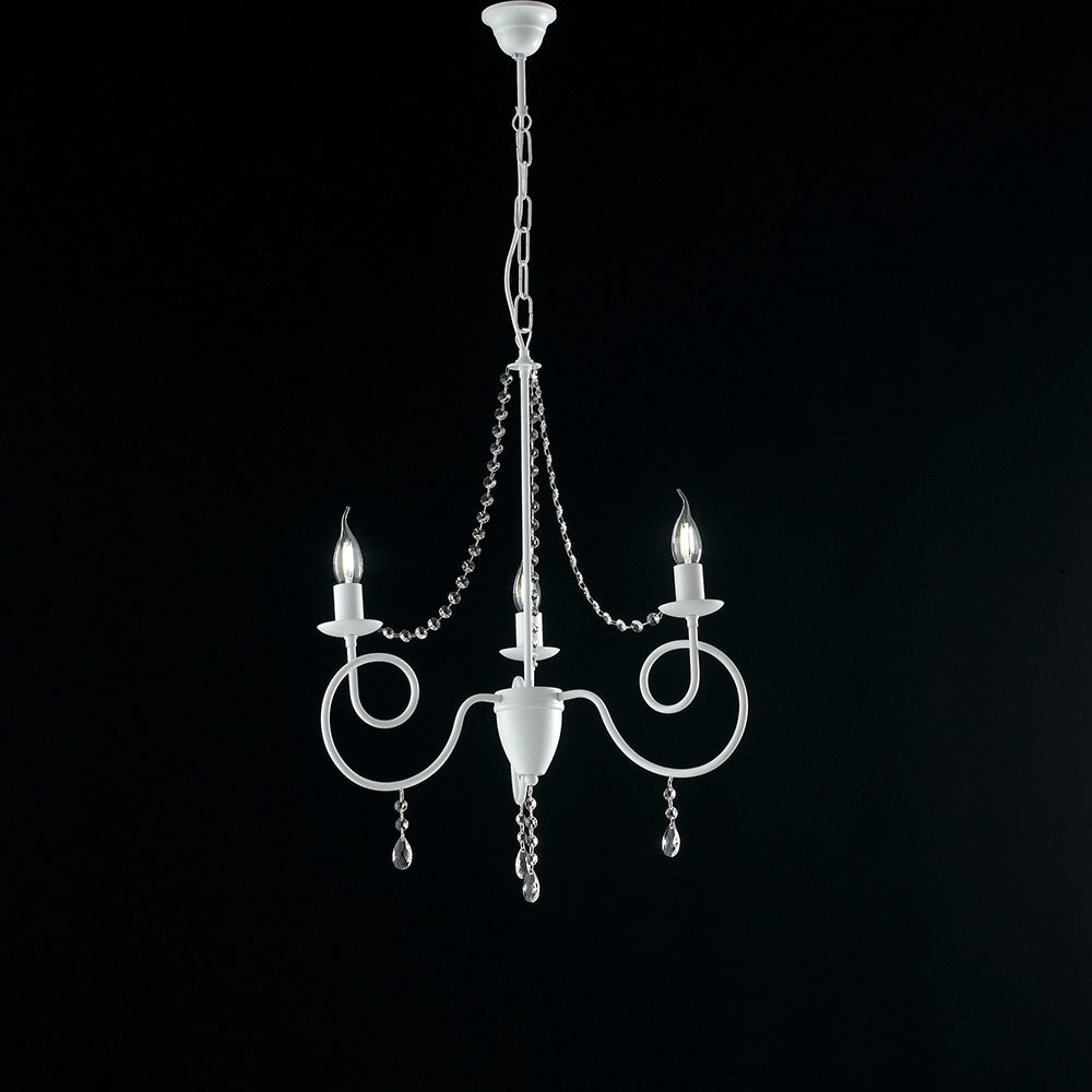 Lampadario Classico 3 Luci Ferro Bianco Shabby E Cristalli Serie Elegant