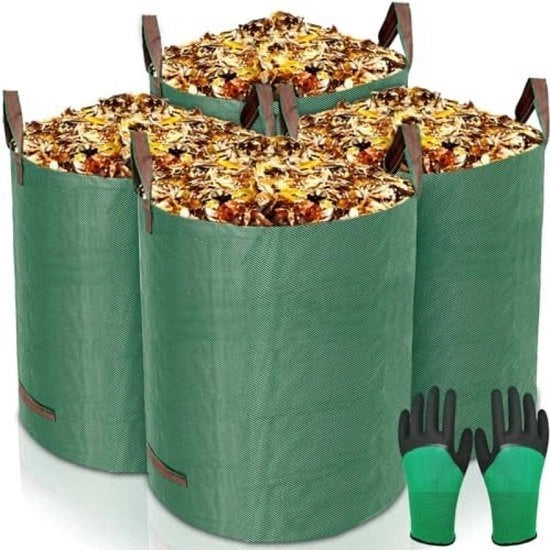 Sacchetto di raccolta immondizia per giardino 4 x 272 L, sacchetti di raccolta indipendenti e pieghevoli, impermeabili e resistenti alle abrasioni, con guanti da giardiniere