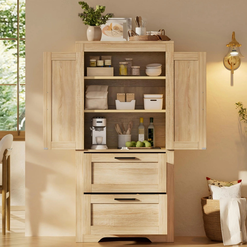Credenza alta con 2 cassetti e ripiani regolabili; per cucina; in MDF; 60x30x128 cm; naturale