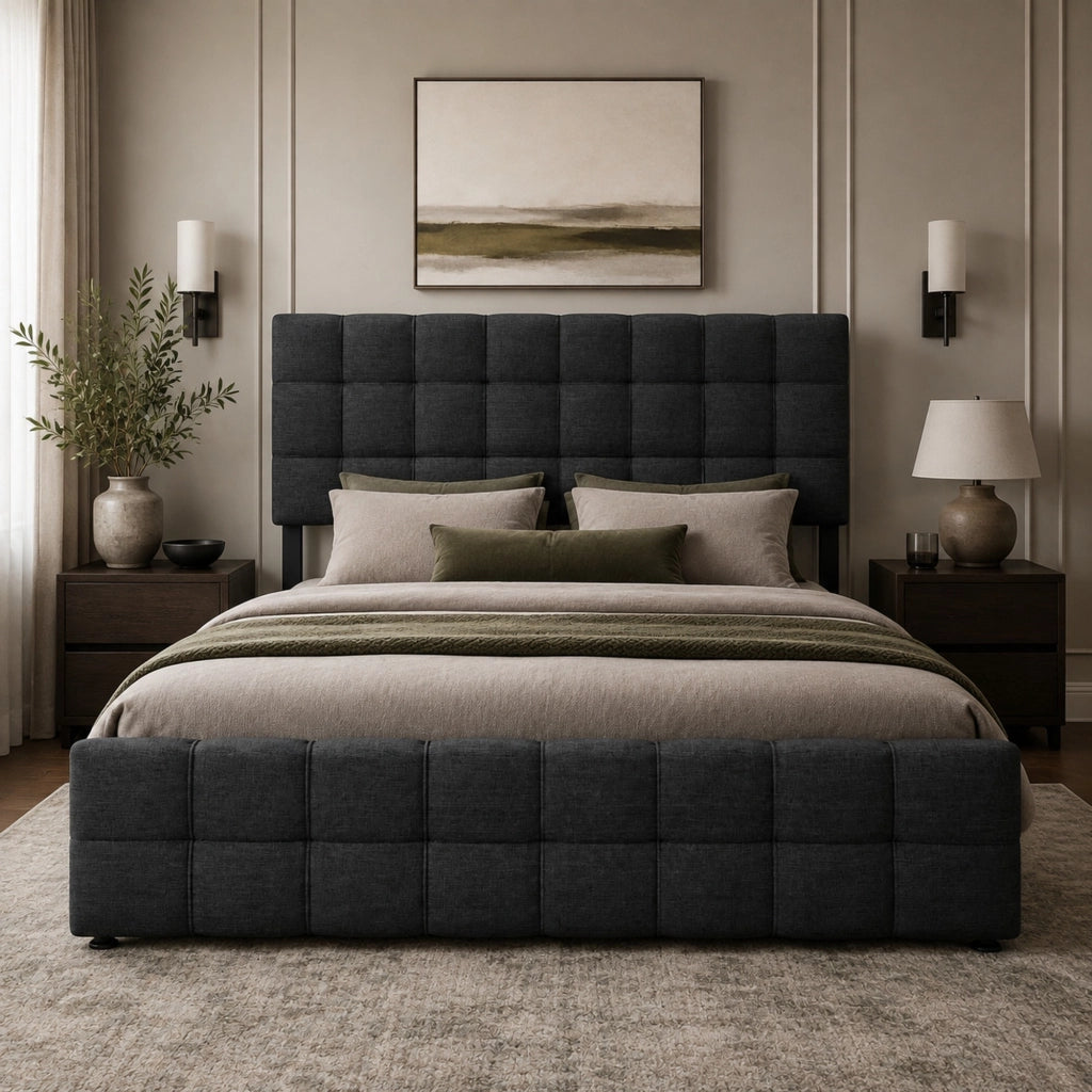 Letto matrimoniale contenitore 140x200 cm in lino nero con 4 cassetti e testiera regolabile