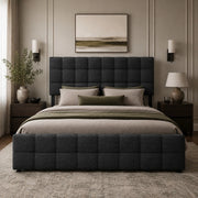 Letto matrimoniale contenitore 140x200 cm in lino nero con 4 cassetti e testiera regolabile