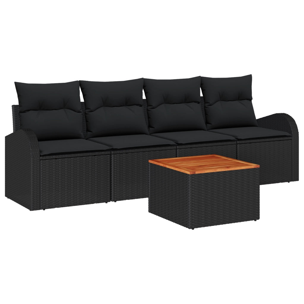 Set Divano da Giardino  5 Pezzi con Cuscini Nero Polirattan Acacia