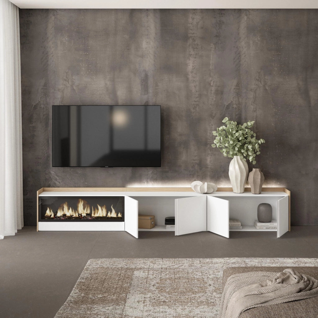 Mobile TV Soggiorno, 315x50x35 cm, Per TV fino a 80", Camino elettrico XXL, LED, Bianco e Rovere soft