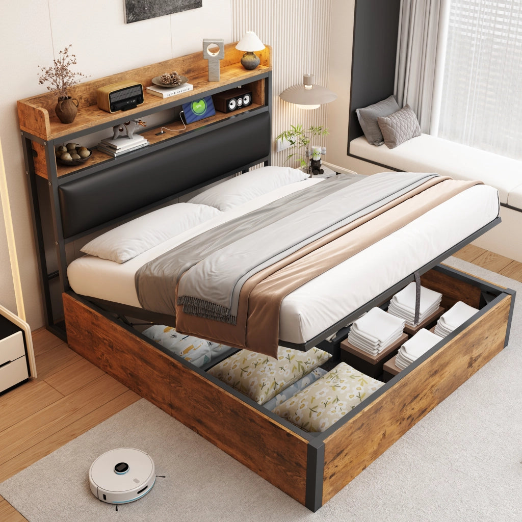 OKWISH Letto contenitore 140×200 cm, Letto Matrimoniale con Vano Contenitore, USB, Testiera Imbottita e Mensole, senza Materasso, Nero