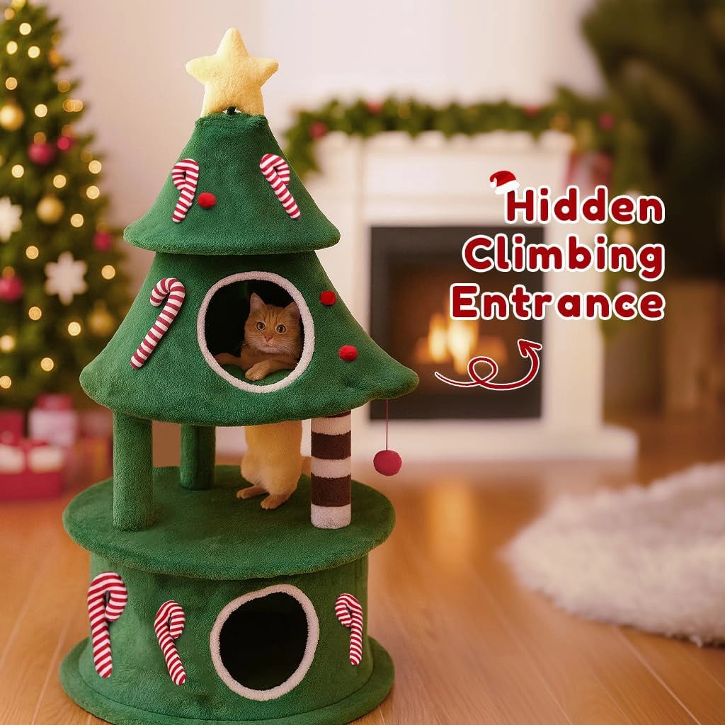 Kratzbaum alto 135 cm design albero di Natale, tiragraffi a più livelli con cuccia per gatti, piattaforme e palline da gioco, albero arrampicata stabile per gatti, verde