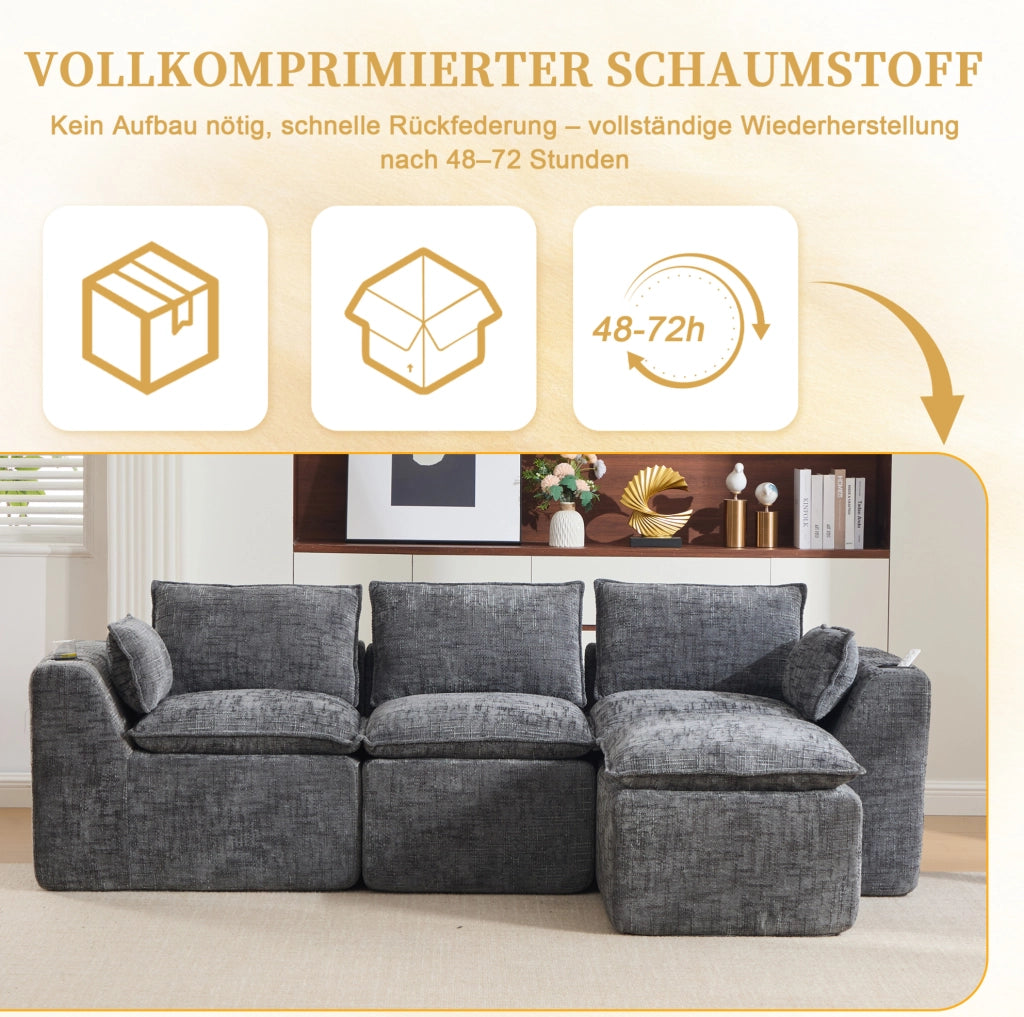 Divano modulare 3 posti con pouf; tasche laterali e cuscini; in chenille grigio scuro 256x161x75 cm