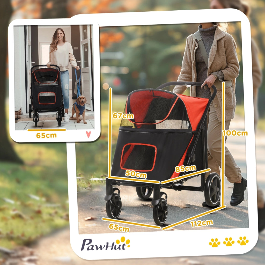 Passeggino per Cani Taglia Media e Grande 112x65x100 cm Pieghevole con Ingressi a Cerniera Rosso e Nero
