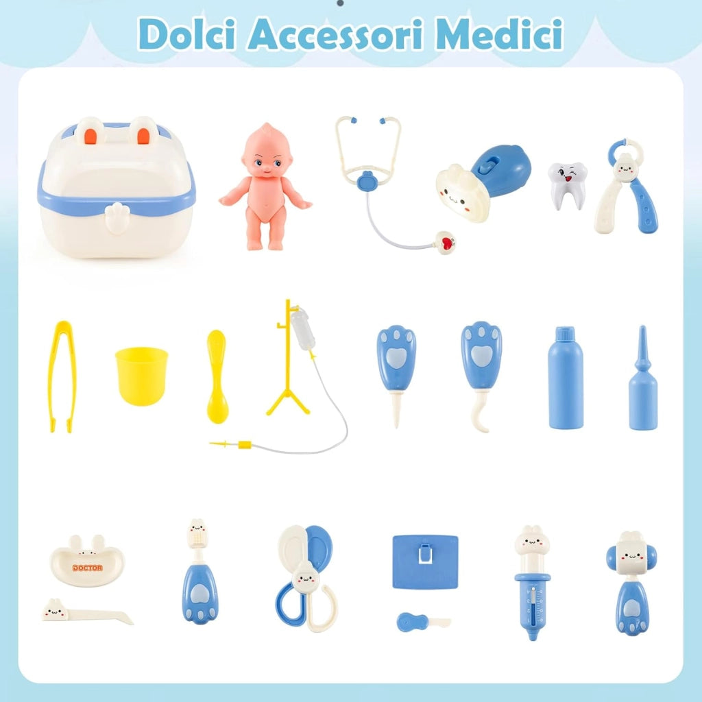 Kit Medico Giocattolo in Legno, Centro Veterinario Pieghevole con Bilancia Animali e 22 Accessori, Gioco Educativo Simulazione Dottore, Regalo per Bambini 3-6 Anni (Bianco)