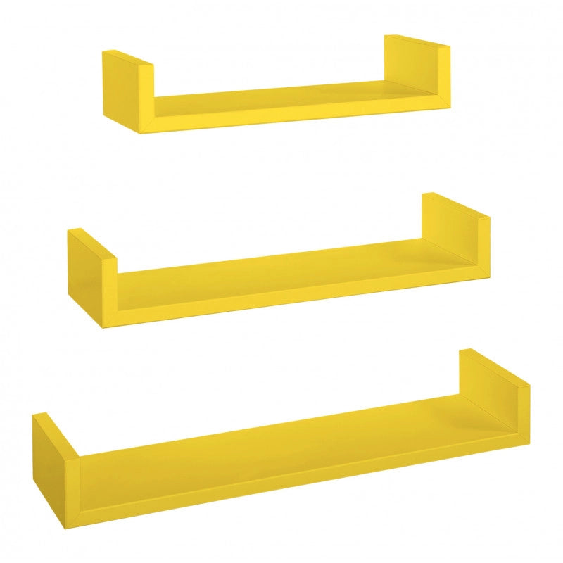 Set di 3 Mensole da Muro, Mensole Muro Design, Mensola da Parete, Giallo Canarino, 60x8 p15,5 cm, 50x8 p15,5 cm e 40x8 p15,5 cm - Calamita
